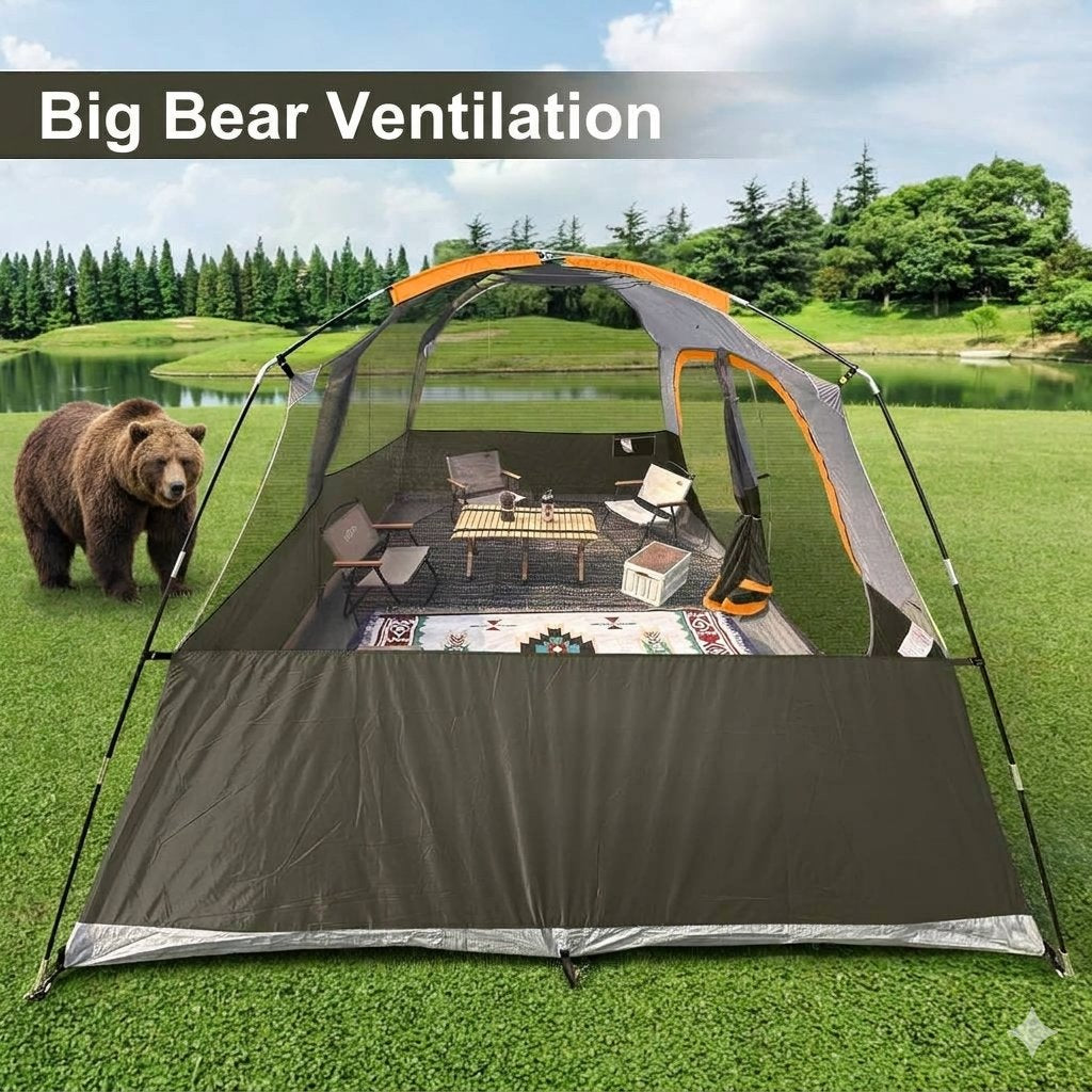 A large outdoor camping tent with a bear-shaped opening and mesh sides, shown on grass near a lake with trees in the background. A brown bear stands to the left, and a banner at the top reads 'Big Bear Ventilation.