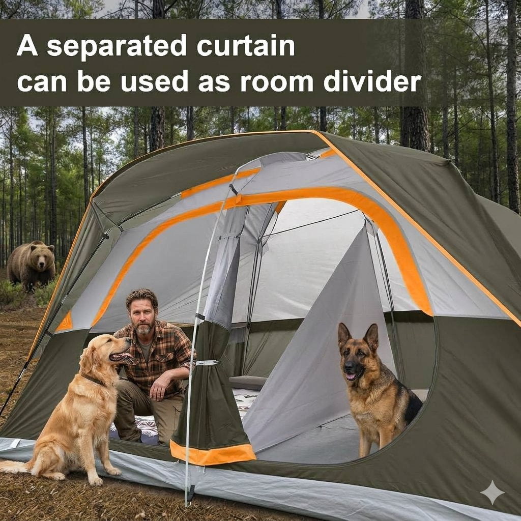 A large camping tent set up in a forest with a man crouching inside near the entrance, with two dogs sitting outside. Text at the top reads, 'A separated curtain can be used as room divider.