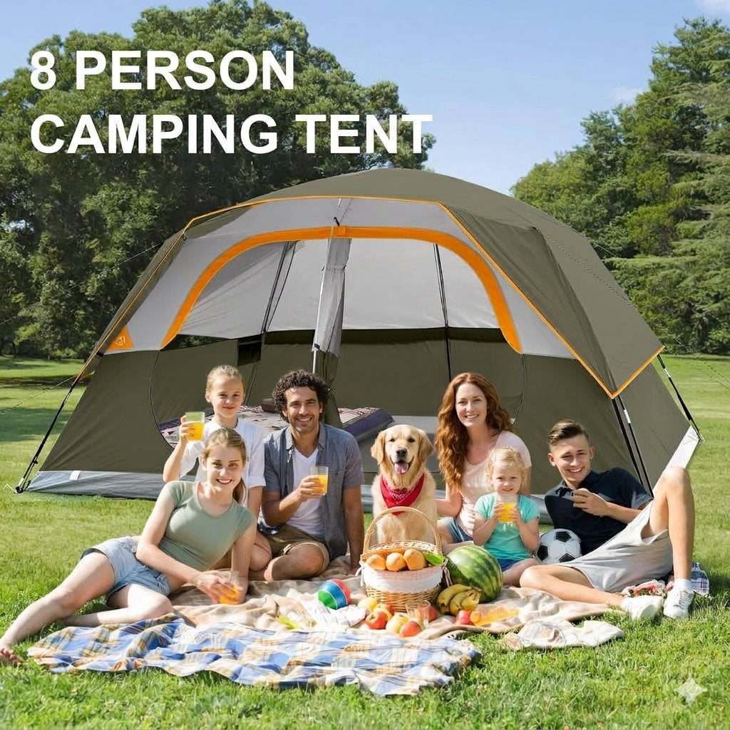 An 8-person camping tent pitched on a grassy park lawn, with a family and a dog sitting underneath on a picnic blanket. Large white text in the upper left reads '8 PERSON CAMPING TENT'.