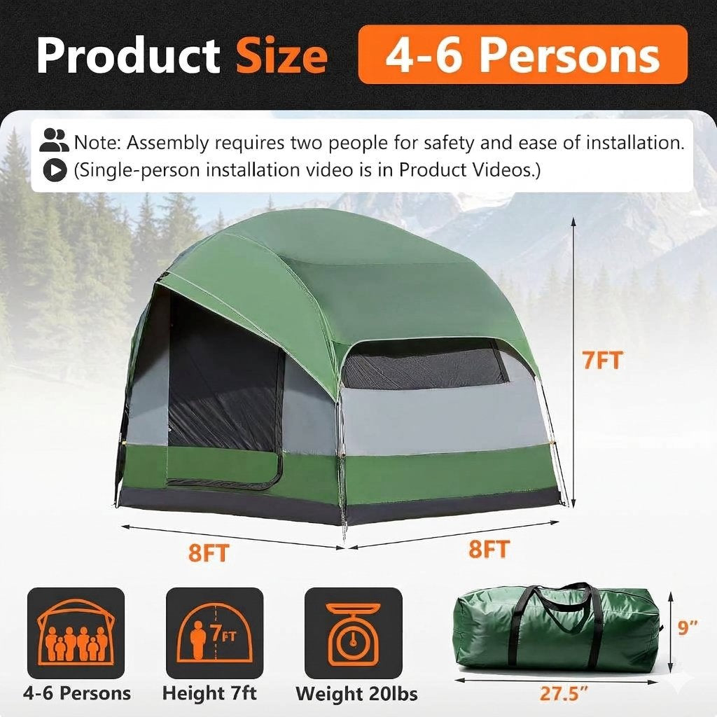Green and gray 4-6 person dome camping tent with size measurements (8ft by 8ft by 7ft), weight info (20lbs), and a carrying bag shown on a light background with product icons.
