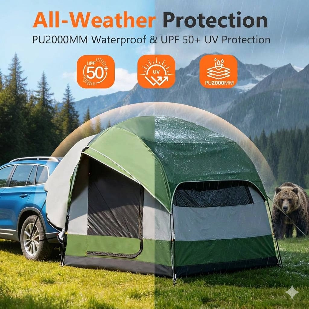 A green and gray dome-style camping tent shown outdoors in a mountain setting, with a blue SUV parked beside it and a bear on the right. The image includes marketing text reading 'All-Weather Protection' and 'PU2000MM Waterproof & UPF 50+ UV Protection,' plus three orange icon badges.
