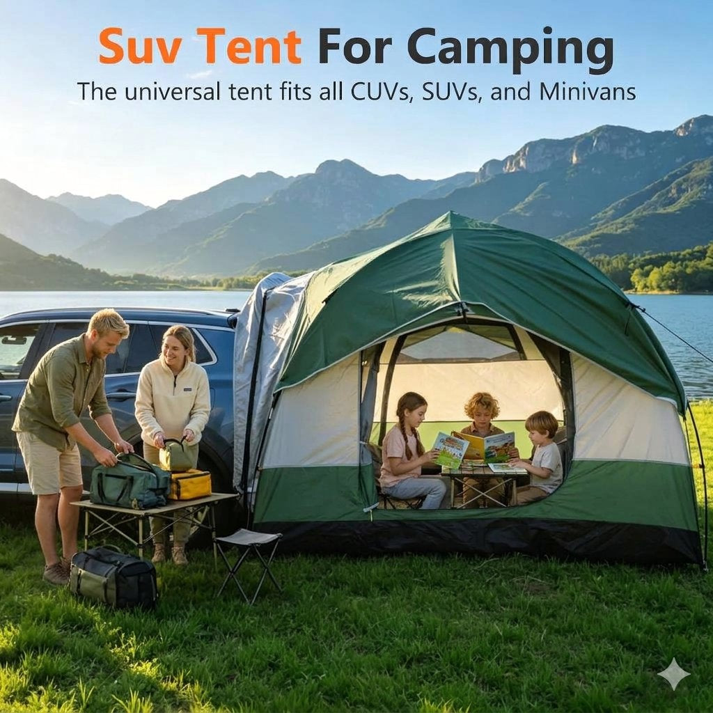 A green and white camping tent pitched beside a blue SUV on a grassy lakeside with mountains in the background. Two adults and two children are shown around the tent, with text at the top reading 'Suv Tent For Camping' and 'The universal tent fits all CUVs, SUVs, and Minivans.