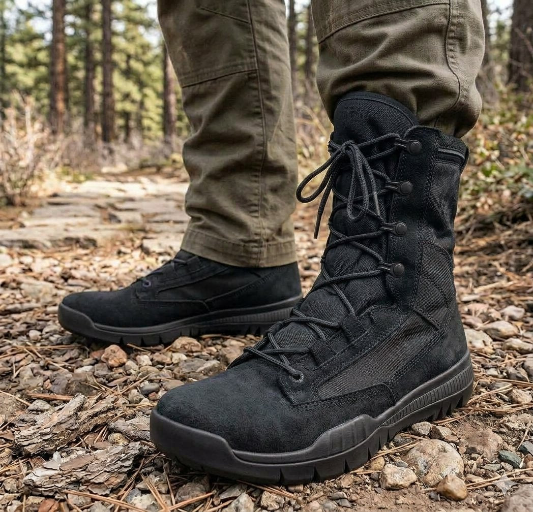 Black tactical lace-up boots worn with olive drab pants on a rocky forest path. big green bear