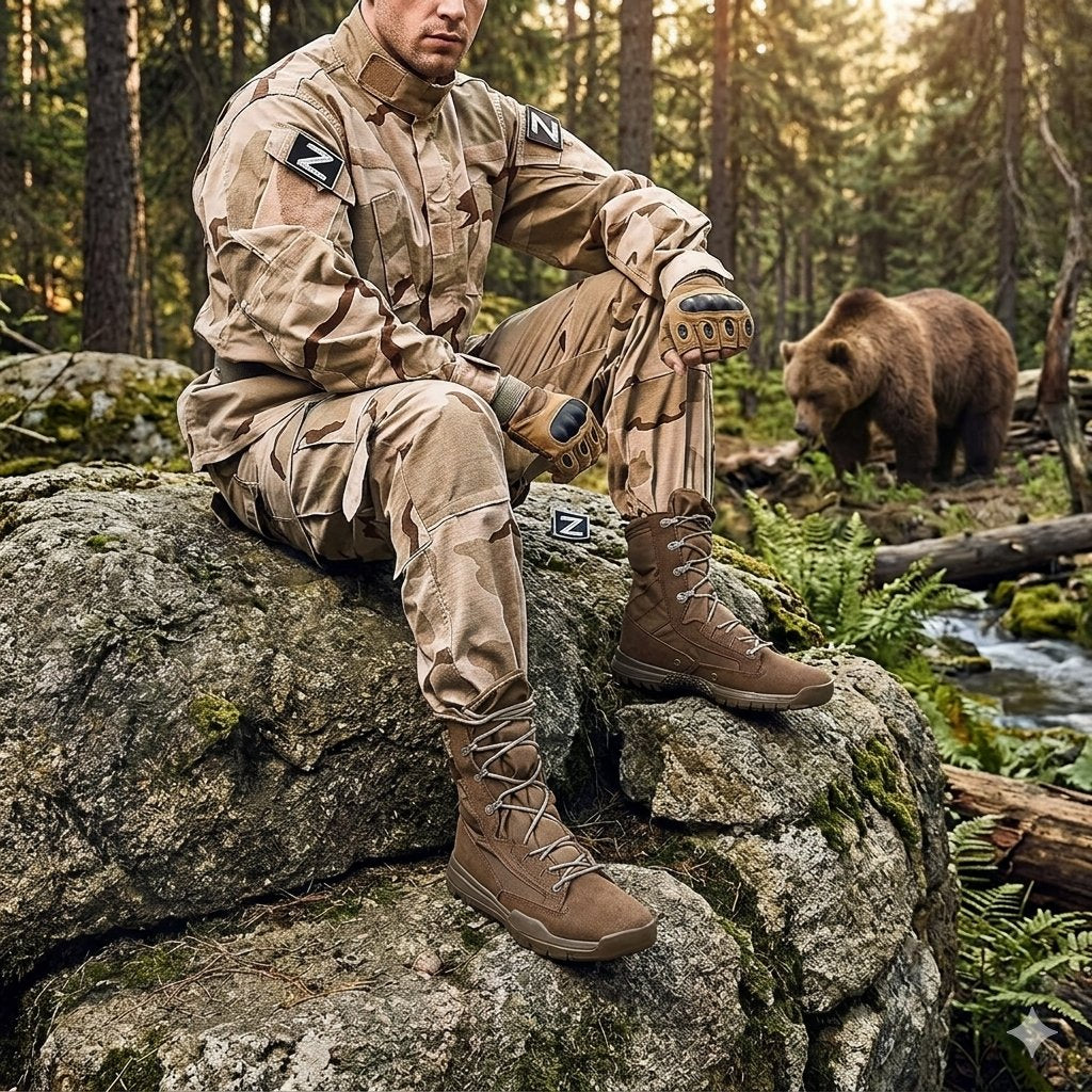 A man wearing a tan camouflage military-style uniform and brown lace-up boots sits on a large rock in a forest, with a bear visible in the background near a stream.