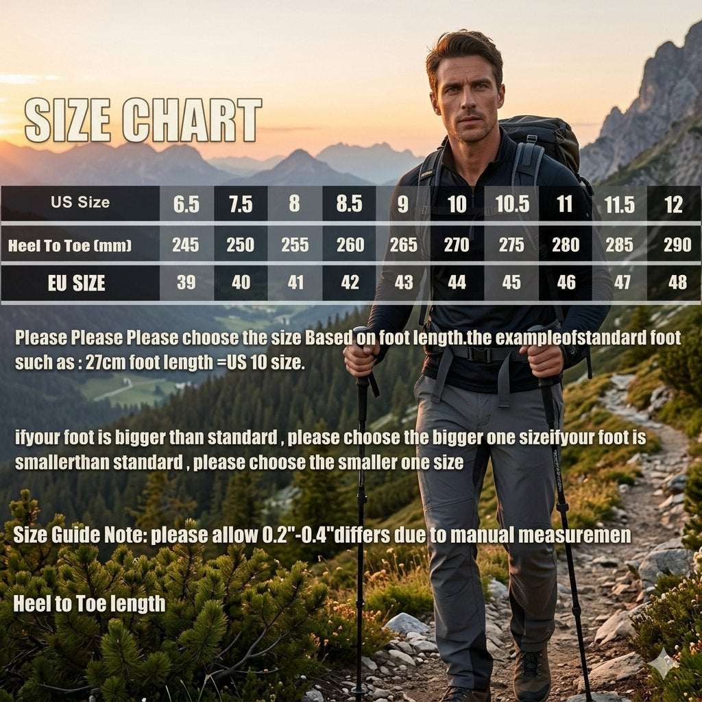 A size chart graphic overlaid on a hiking lifestyle photo of a man with a backpack and trekking poles on a mountain trail at sunset. The chart lists US sizes 6.