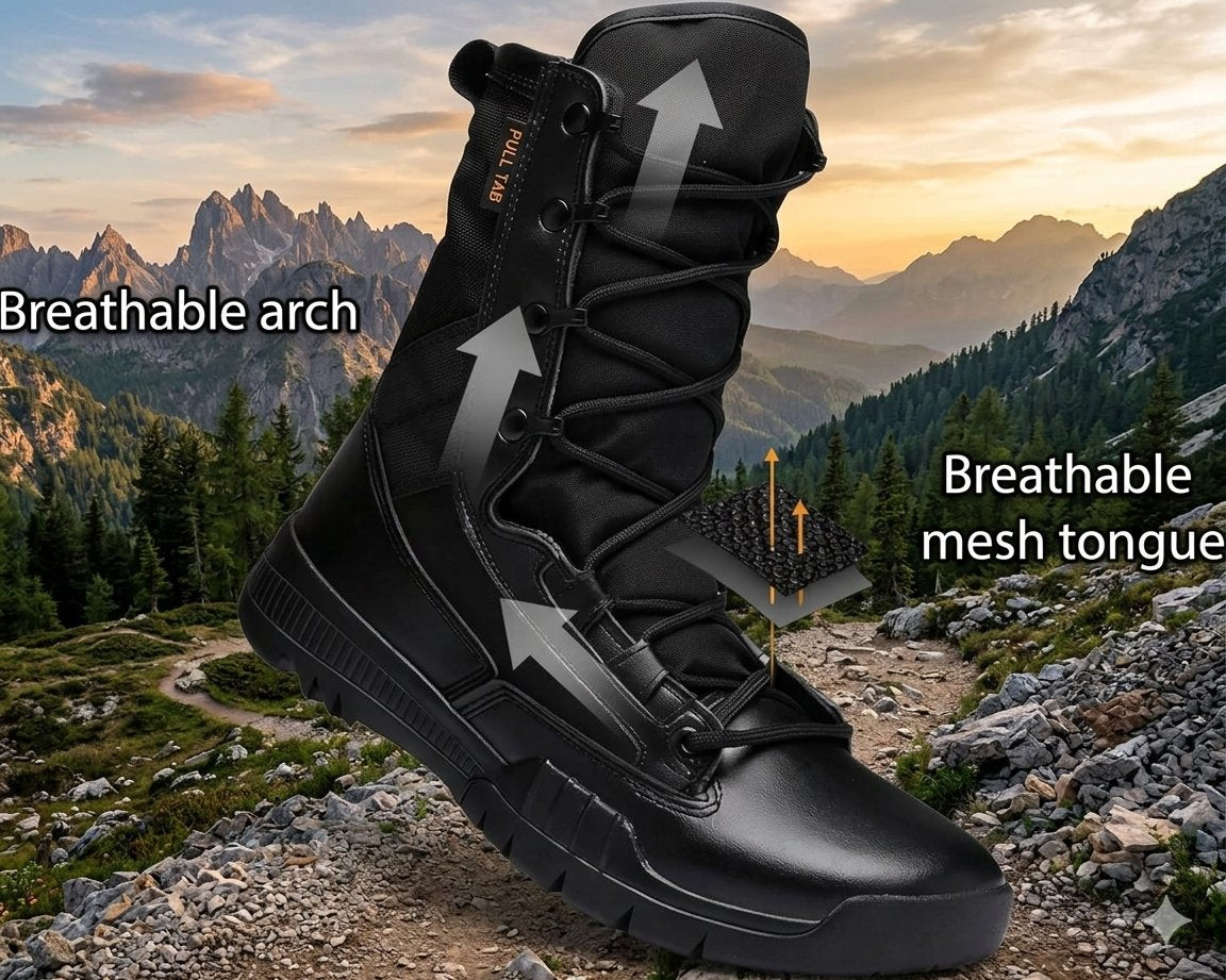 A black mid-calf tactical boot shown in a mountain landscape with overlaid arrows and text reading 'Breathable arch' and 'Breathable mesh tongue,' plus a small inset showing the mesh detail.