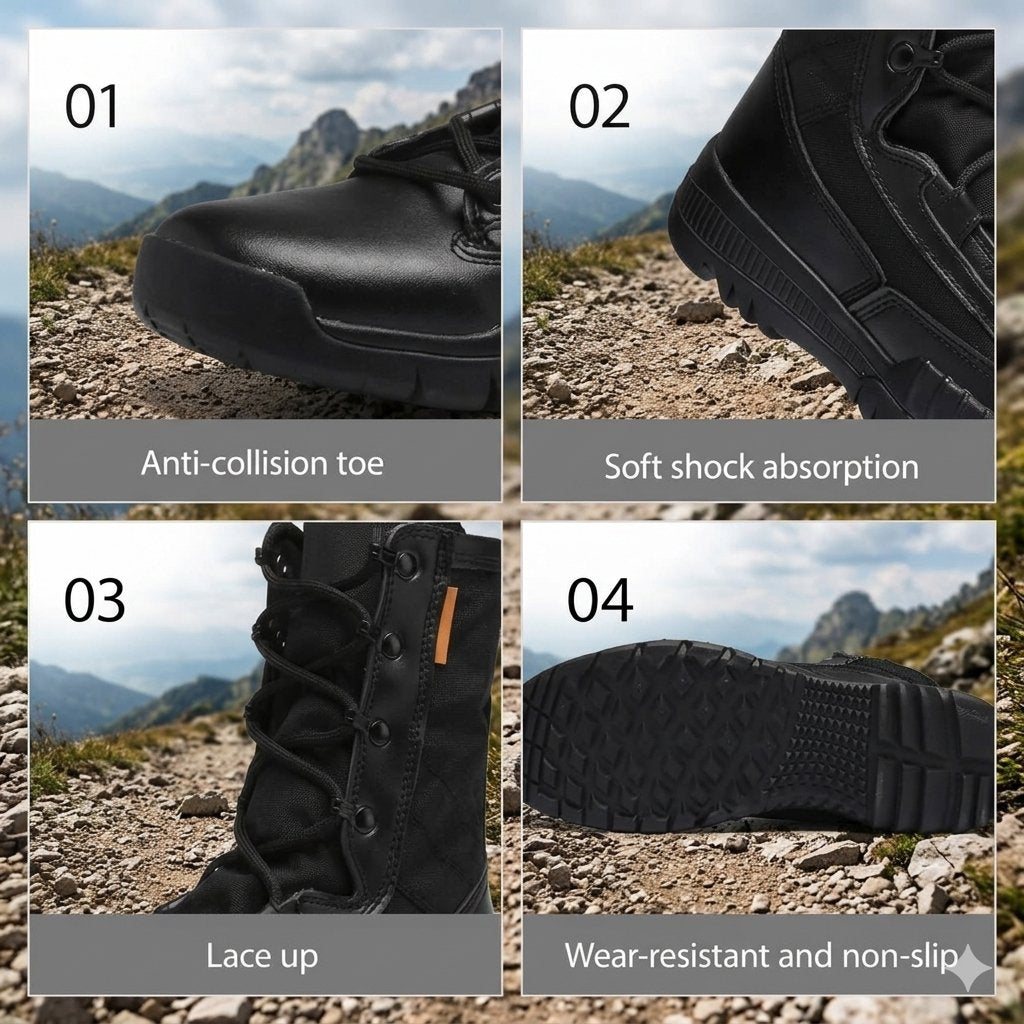 A four-panel feature graphic showing a black lace-up boot from multiple angles with mountain background imagery. Panels are labeled 01 Anti-collision toe, 02 Soft shock absorption, 03 Lace up, and 04 Wear-resistant and non-slip.