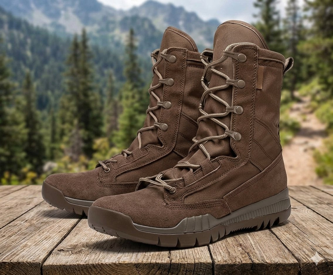 A pair of brown tactical boots with thick laces and rugged soles, displayed on a wooden surface with a blurred mountain and forest background.