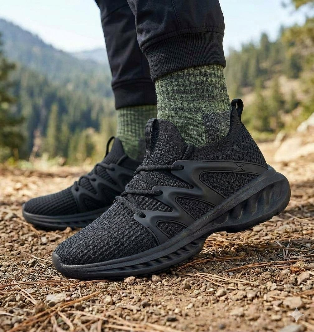 Black knit athletic sneakers with a chunky sculpted sole, shown on a person wearing dark pants and green socks while standing on a dirt trail with a blurred forest background. big green bear