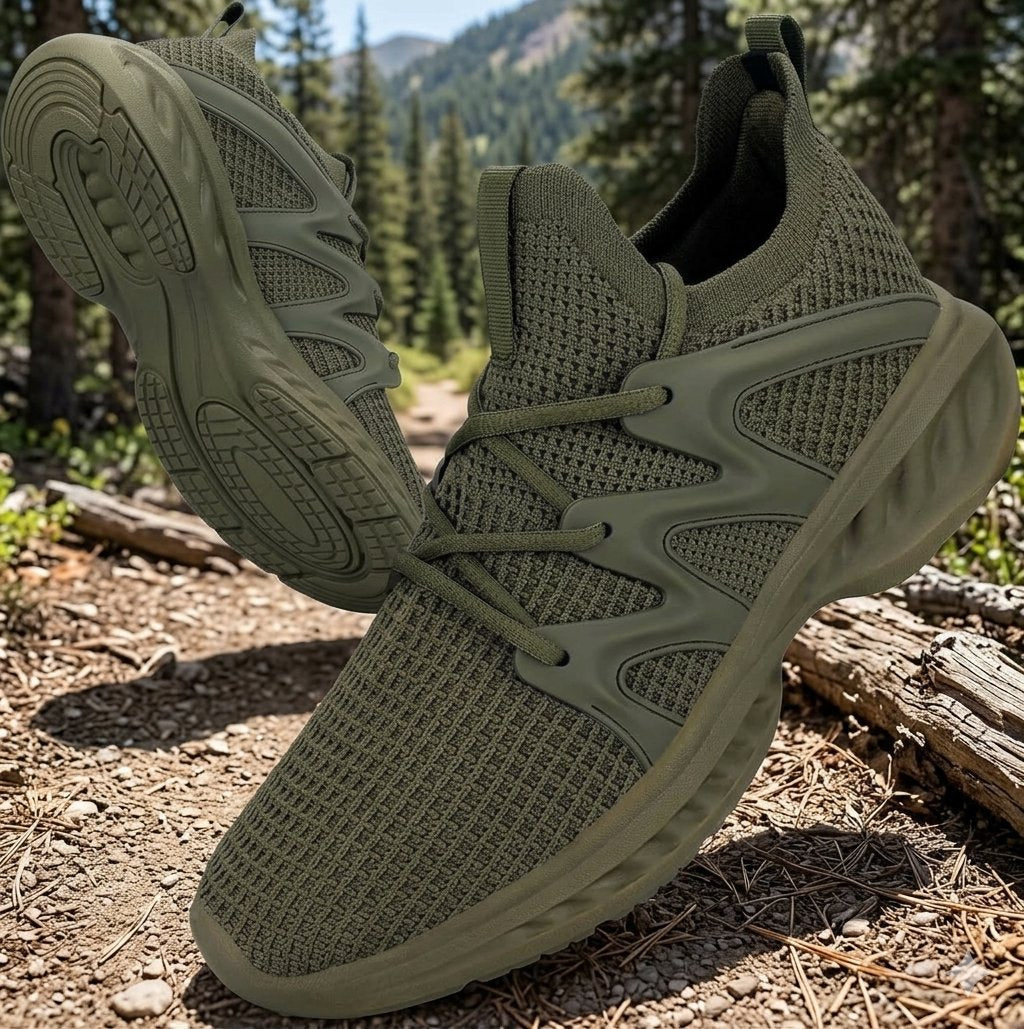 A pair of olive green knit athletic sneakers shown outdoors on a forest trail, with one shoe angled to display the side and the other showing the sole.