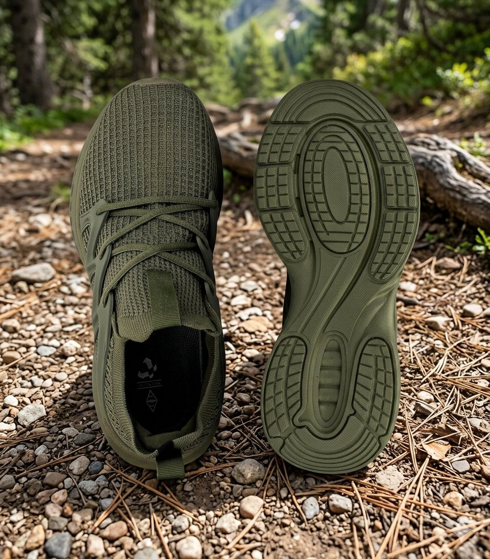 An olive green athletic shoe shown from the side and sole, placed on a gravel forest path.