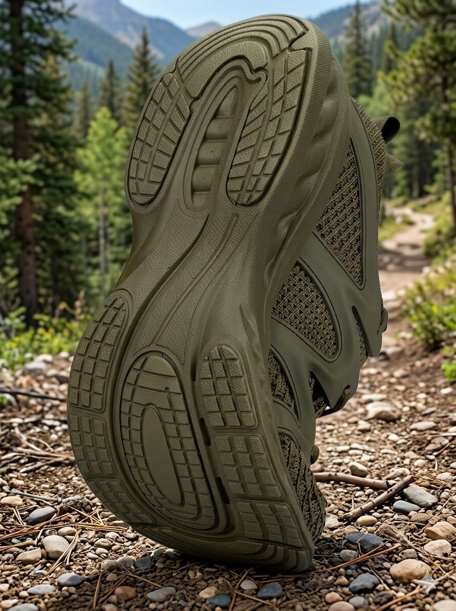 An olive green hiking boot shown from the sole side, standing on a rocky forest trail with pine trees and mountains in the background.