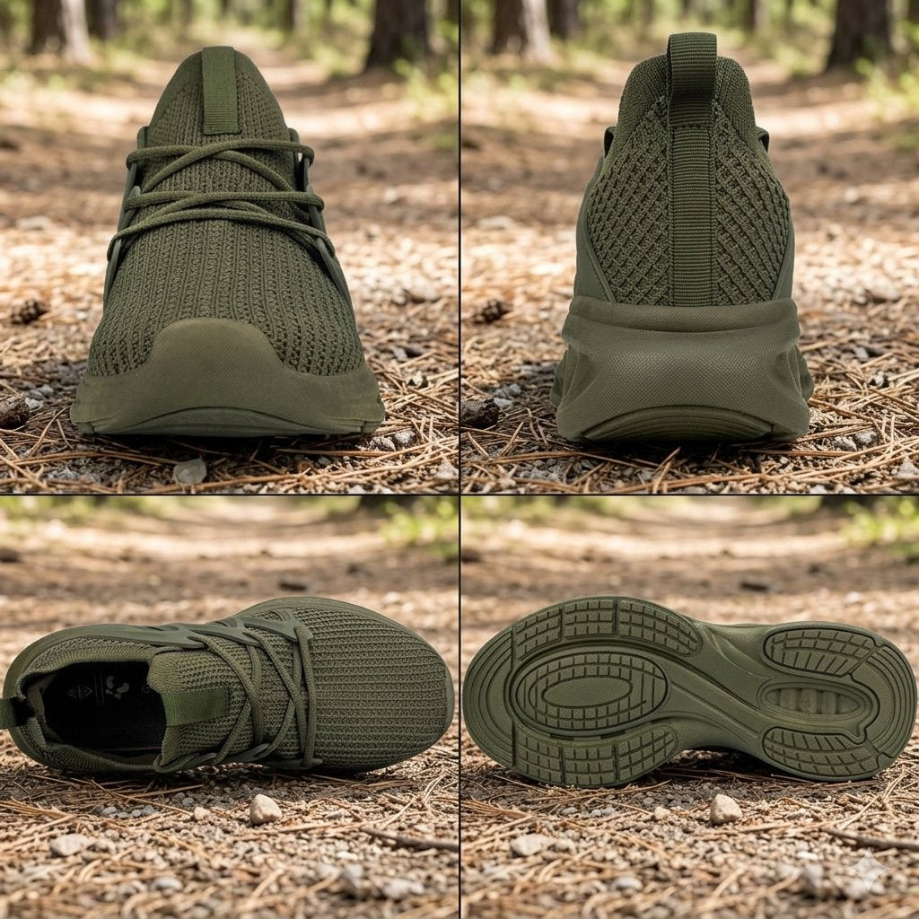 An olive green knit athletic sneaker shown from four angles in a four-panel collage: front, back, side, and sole views, photographed outdoors on a forest floor with pine needles and trees in the background.