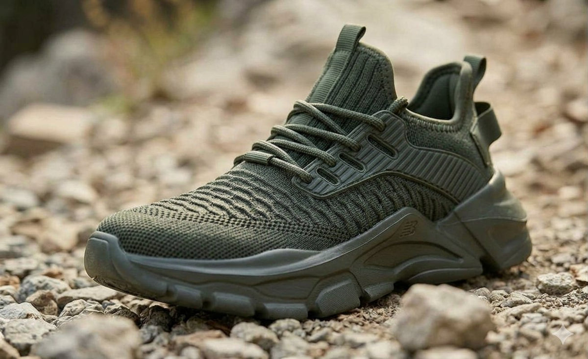 An olive green knit athletic sneaker with a chunky sole, resting on a bed of small gray and beige gravel outdoors.
