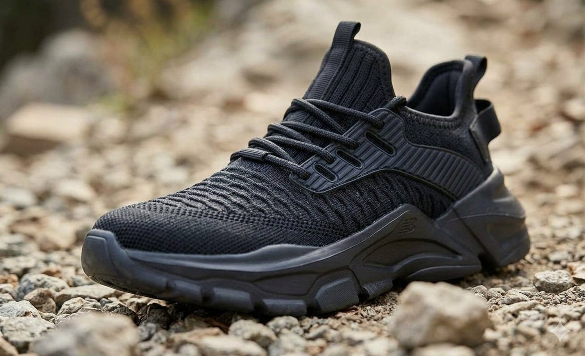 A black athletic sneaker with a textured knit upper and chunky sole, resting on a gravel surface outdoors.