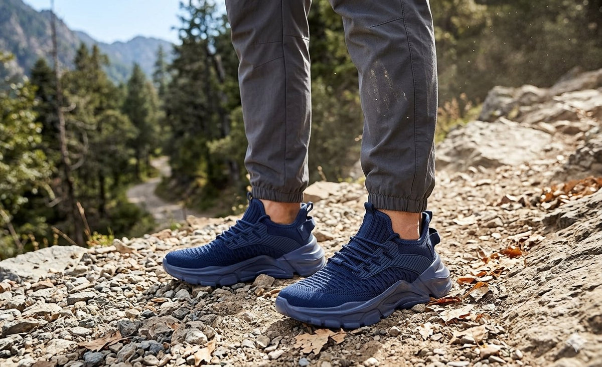 A person wearing dark slate gray pants and navy blue athletic trail shoes standing on a rocky mountain path with trees and mountains in the background.