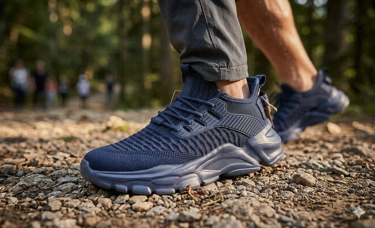 A close-up of a person's foot wearing a dark navy blue knit athletic sneaker on a gravel path in a forest, with the second shoe visible in the background. big green bear biggreenbear.com