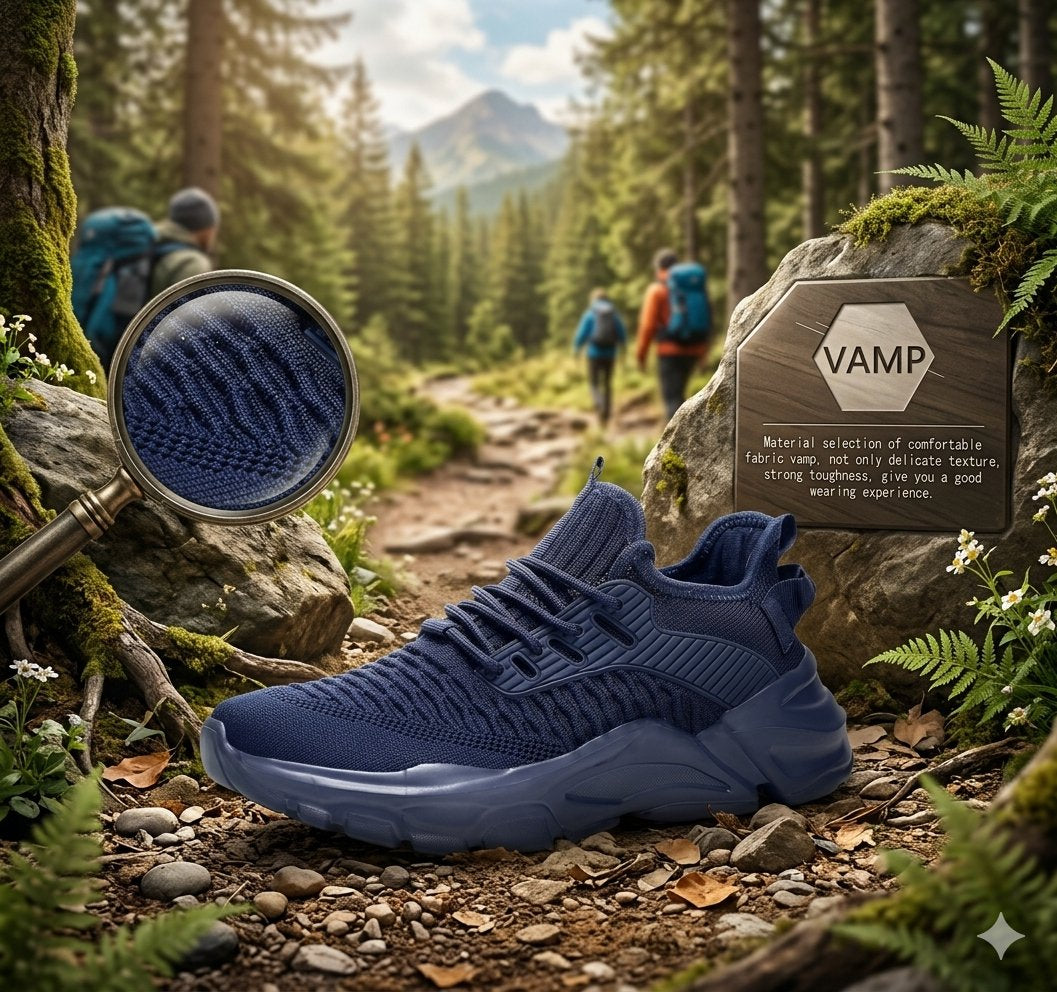A navy blue knit hiking shoe is placed on a forest trail with a magnifying glass over the knit texture and a rock plaque reading VAMP. Hikers and mountains are blurred in the background, making this a lifestyle/product-in-environment shot rather than a clean studio product photo.