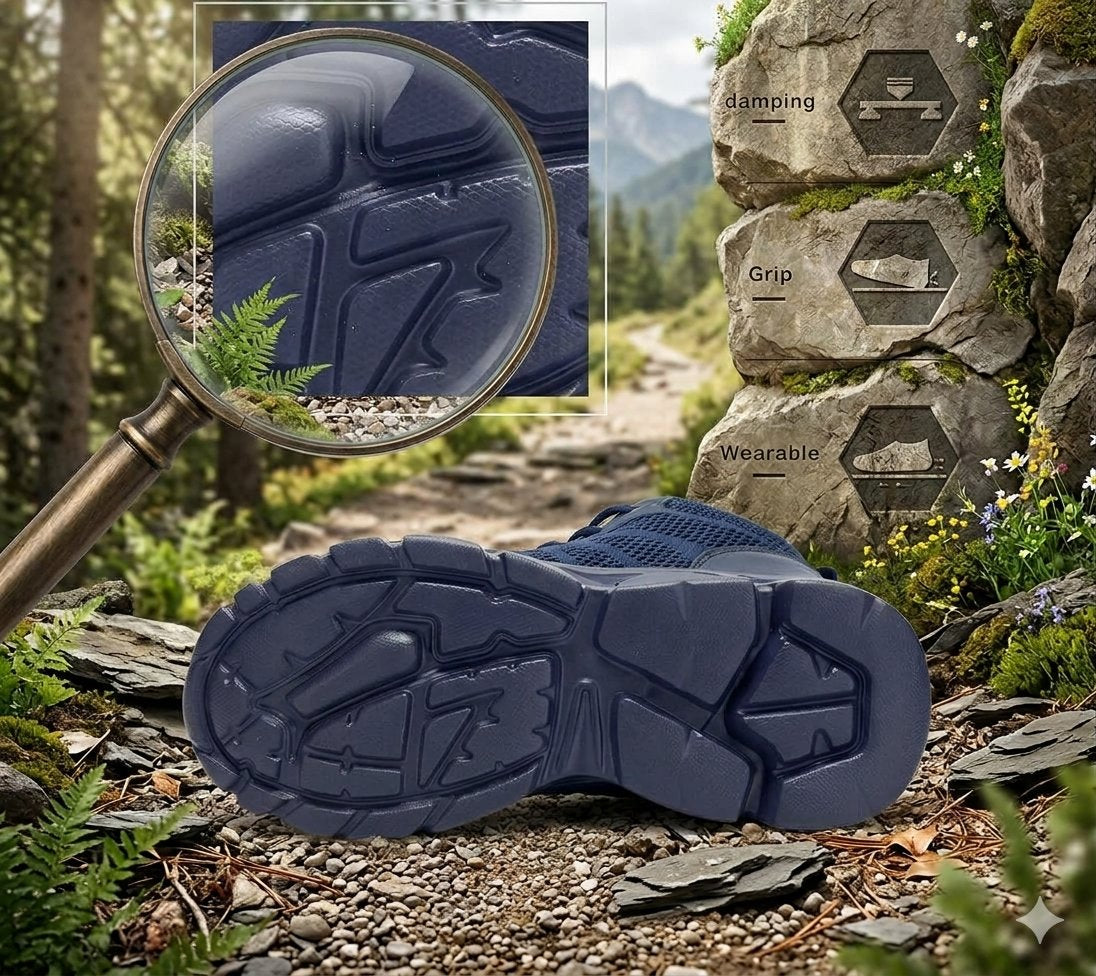 A hiking boot sole shown outdoors on a rocky forest path, with a magnifying glass inset highlighting the tread pattern and a stone wall graphic showing cushioning, grip, and wearability.