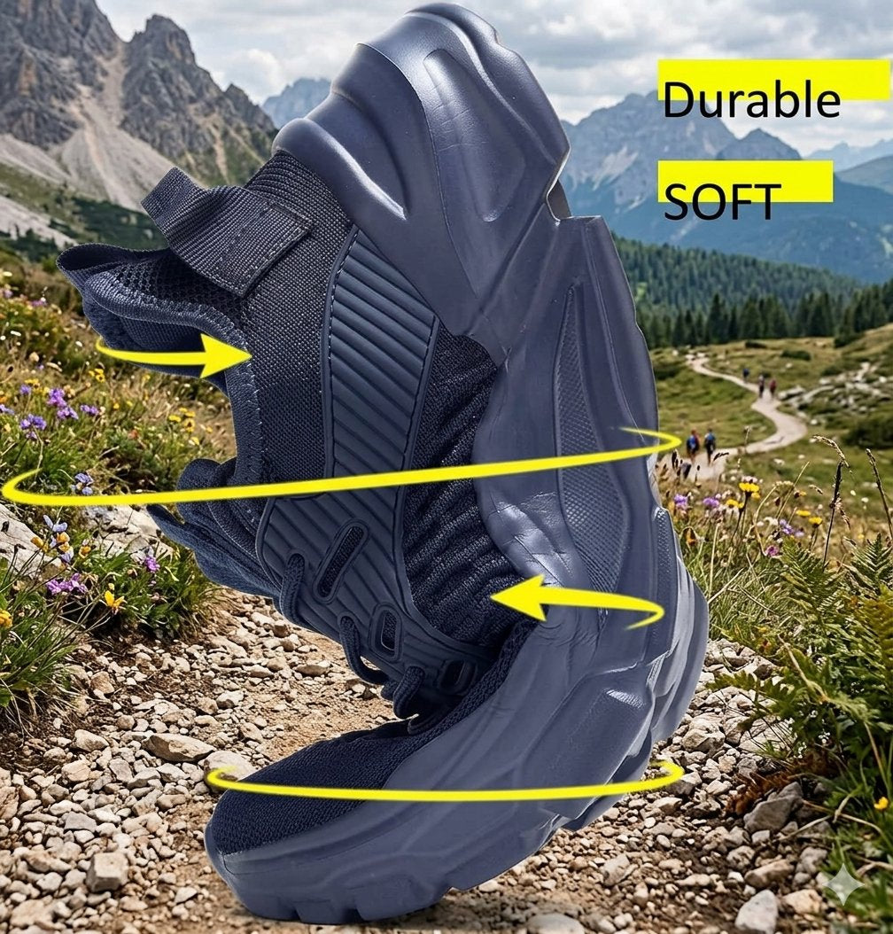 A dark navy hiking boot shown outdoors on a mountain trail with yellow arrows and text overlays reading 'Durable' and 'SOFT' to highlight its features.