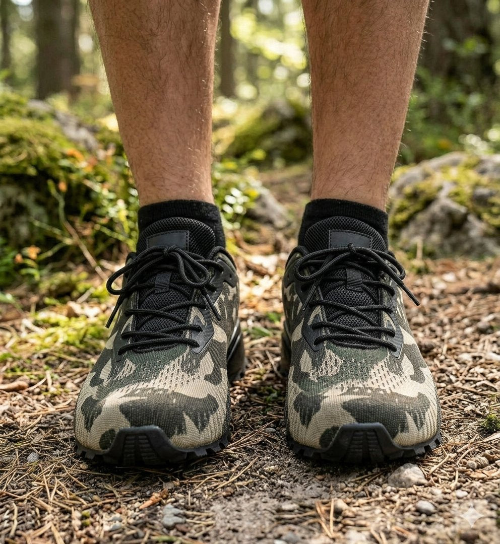 A close-up of a person's feet wearing camouflage trail running shoes and black socks, standing on a forest floor covered in pine needles and moss.