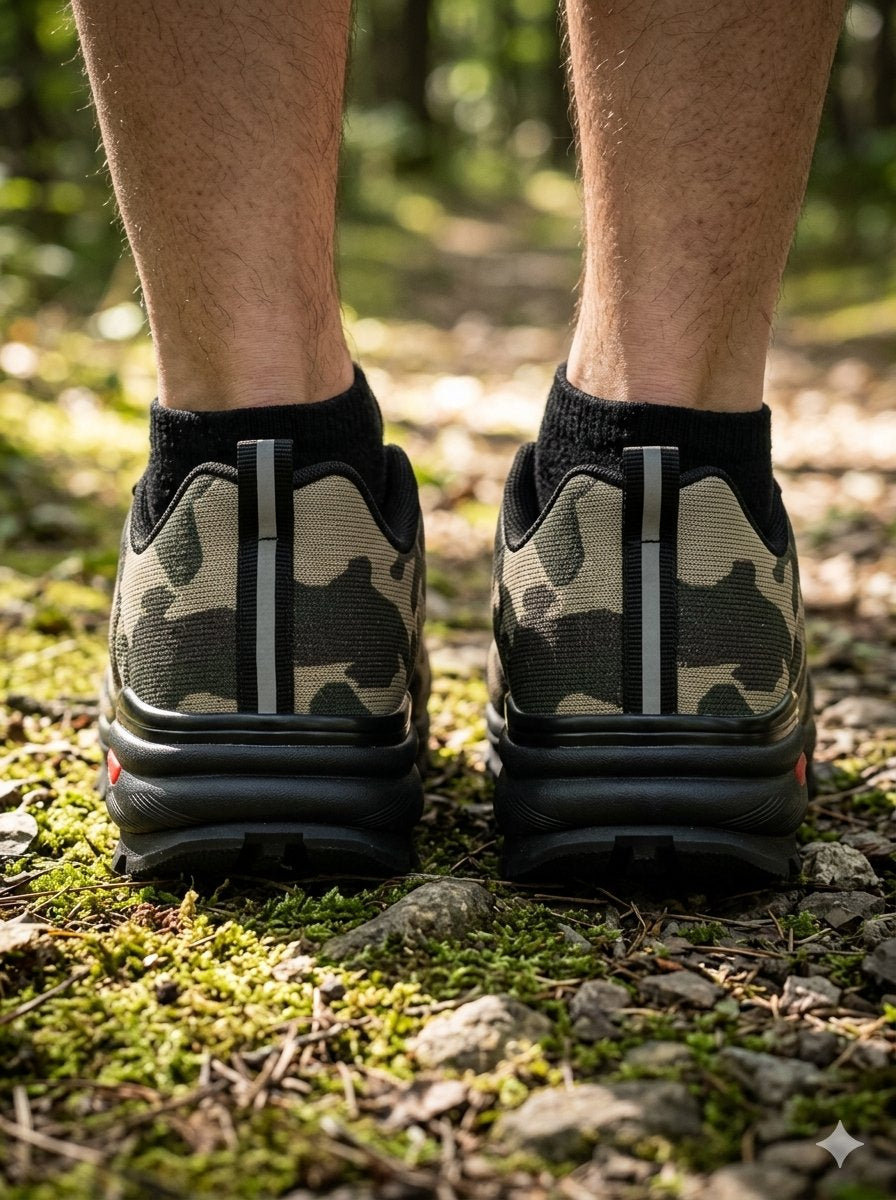 Close-up rear view of a person wearing black and beige camouflage hiking shoes with black socks, standing on a mossy forest ground.