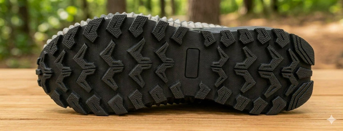 Close-up of the treaded outsole of a black hiking boot resting on a wooden surface with a blurred forest background.