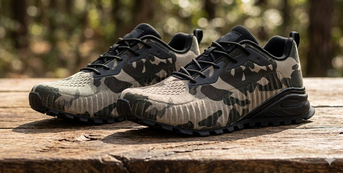 A pair of camouflage athletic sneakers with black laces and black soles, displayed on a rustic wooden log with a blurred forest background. big green bear biggreenbear.com
