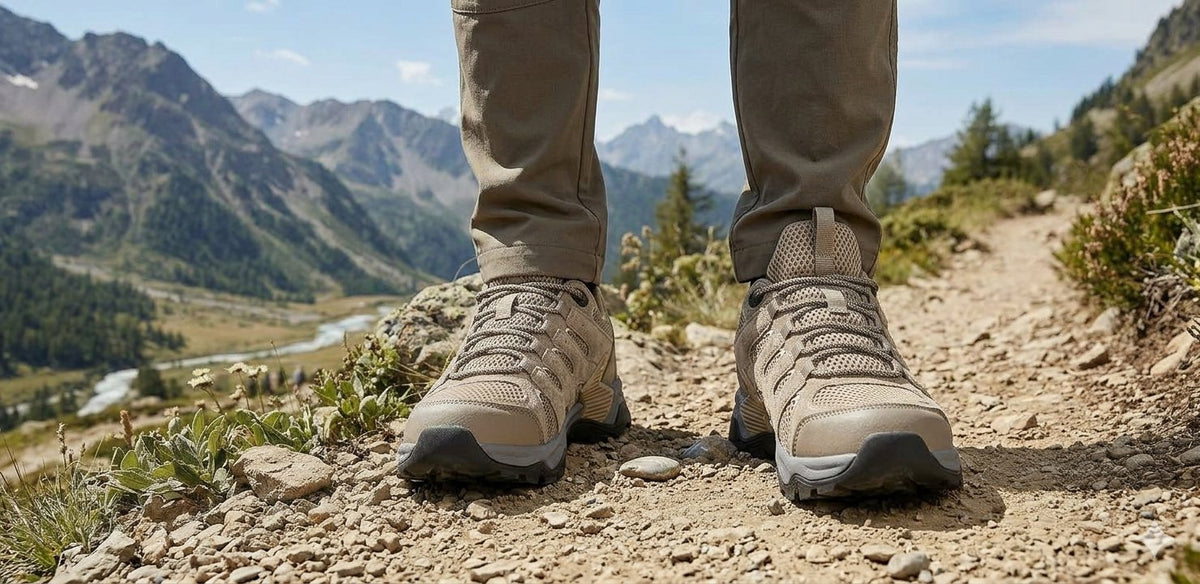 A close-up of a person's legs and feet wearing beige hiking boots and khaki pants, standing on a rocky mountain trail with a scenic valley and mountains in the background.