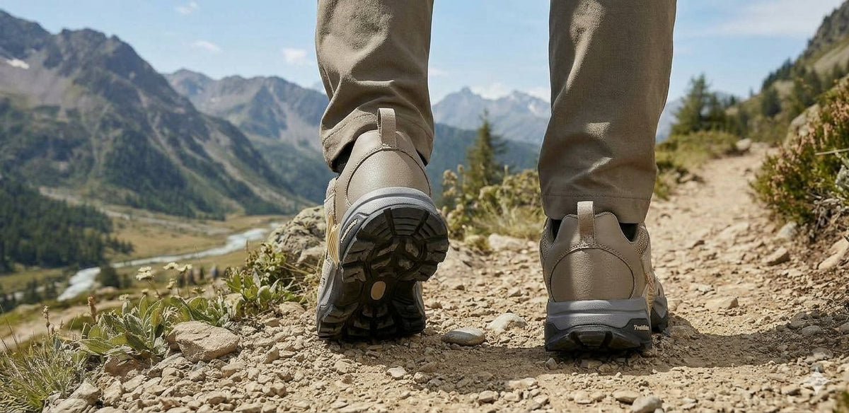 A close-up rear view of a person hiking on a rocky mountain trail, wearing beige pants and tan hiking shoes with a scenic valley and mountains in the background.