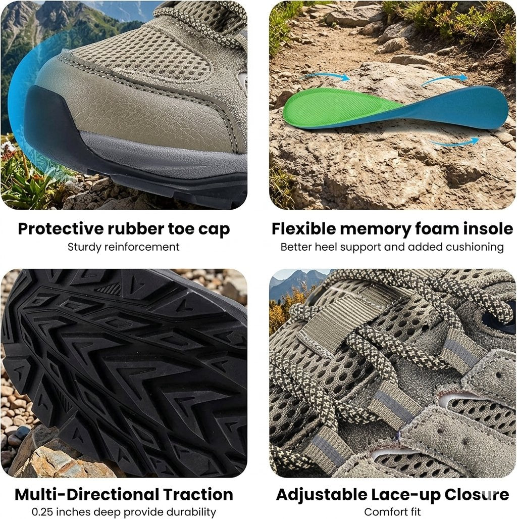 A four-panel feature collage for an outdoor hiking boot and insole. The top-left panel shows a close-up of the toe cap with text reading 'Protective rubber toe cap.