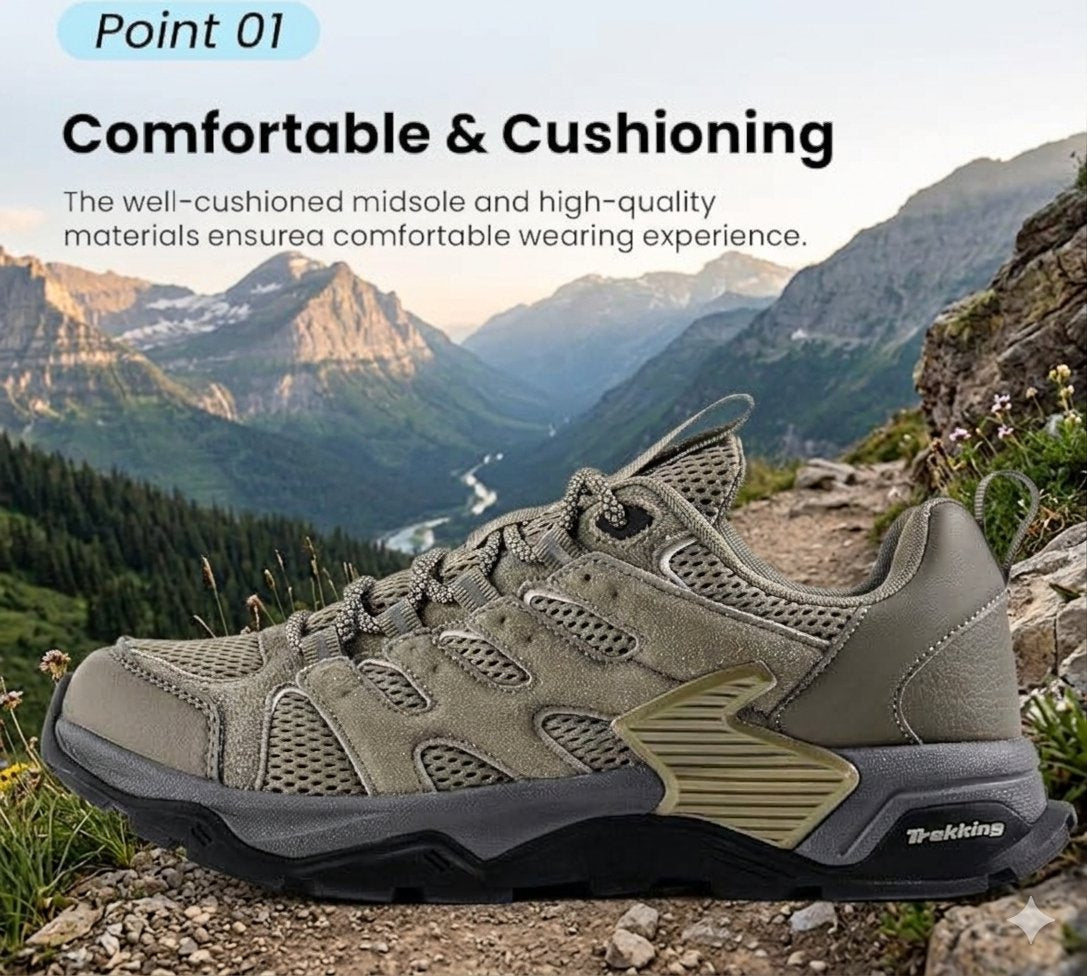 A single hiking shoe shown on a rocky mountain trail with a scenic valley and mountains in the background. Text at the top reads 'Point 01 Comfortable & Cushioning' with a brief descriptive paragraph about the cushioned midsole and high-quality materials.