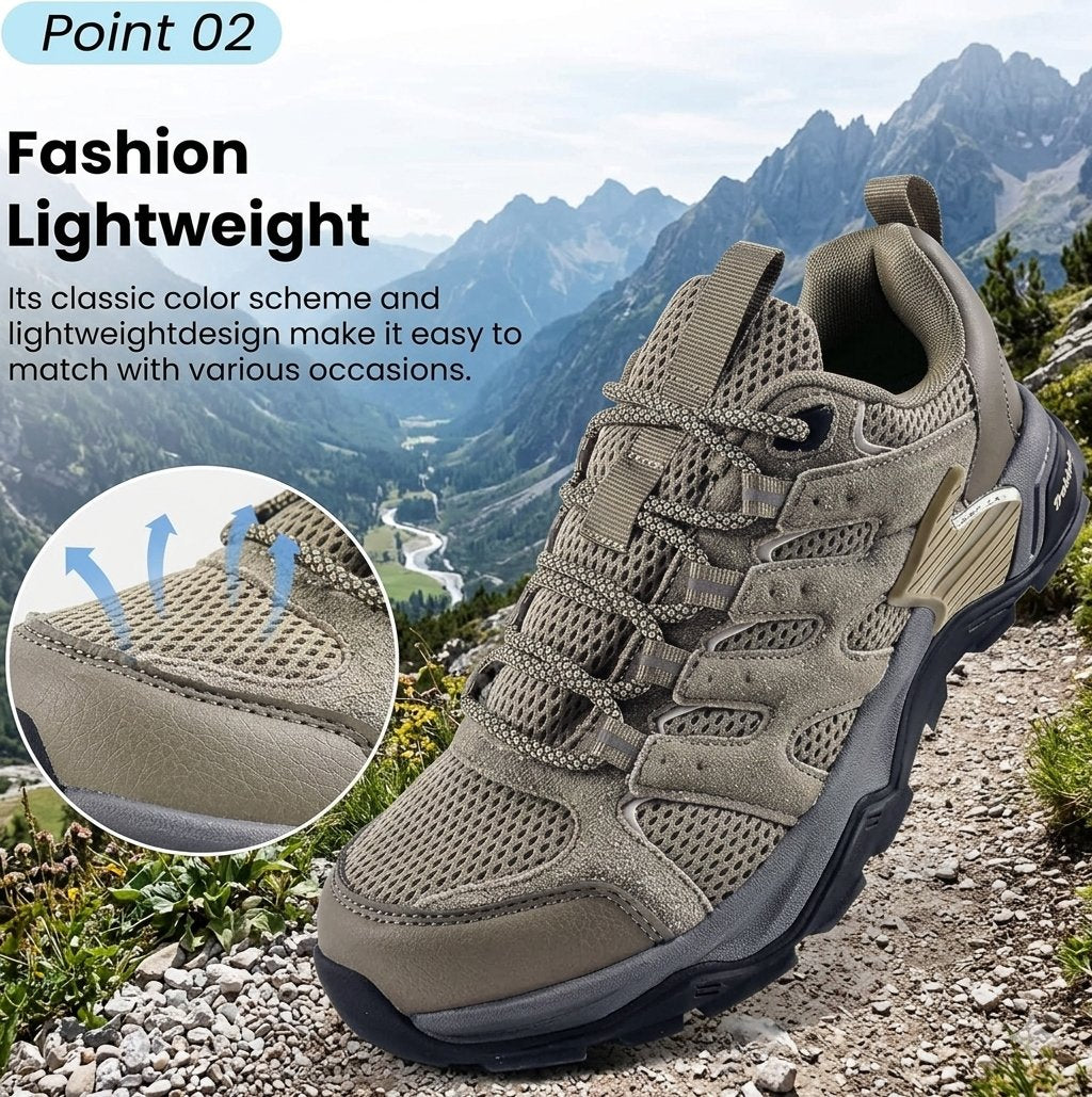 A single hiking shoe shown prominently on a mountain trail, with marketing text and a circular inset highlighting the upper material. The shoe is taupe/greige with dark gray and black outsole areas, and the background shows rocky mountains and greenery.