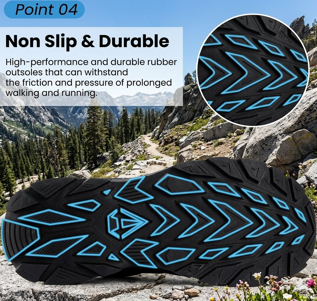 A black hiking shoe sole with bright blue tread pattern details, shown on a rocky mountain trail with promotional text reading 'Non Slip & Durable' and a circular inset close-up of the tread texture.
