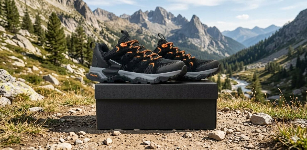 A pair of black athletic sneakers with bright orange laces and accents, displayed on top of a black shoebox against a scenic mountain valley backdrop.