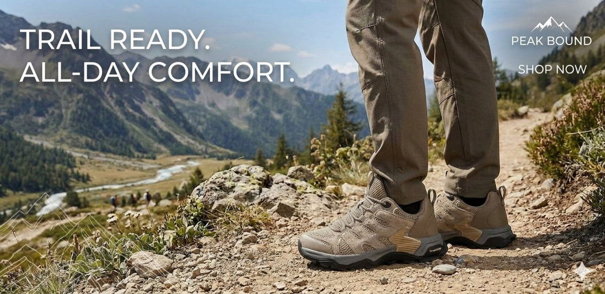 A person wearing beige hiking pants and matching hiking shoes stands on a rocky mountain trail with a scenic valley and mountains in the background. Text on the left reads 'TRAIL READY. big green bear biggreenbear.com