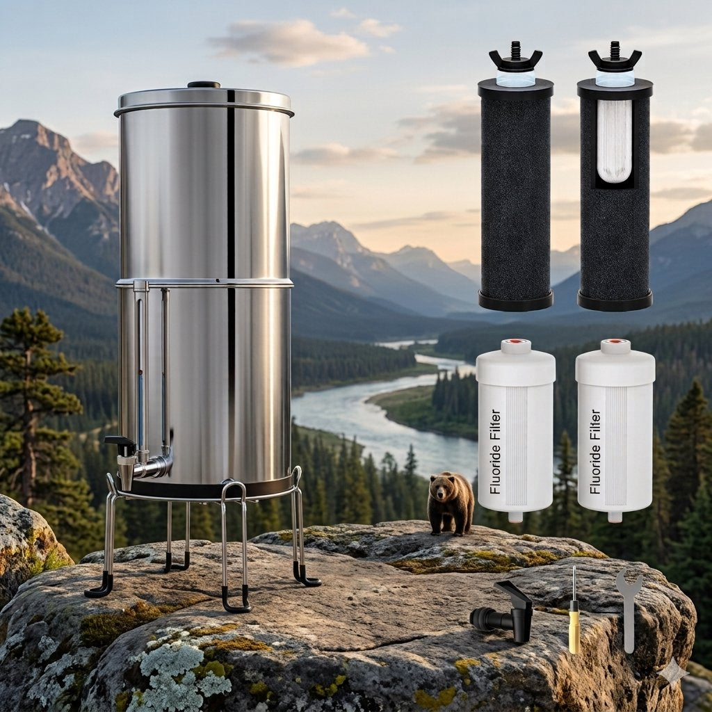 A stainless steel water filter pitcher on a metal stand is shown outdoors on a rocky mountain ledge with a river and forest in the background. Two black filter cartridges and two white fluoride filters are displayed to the right, with a small bear standing near the scene. big green bear biggreenbear.com