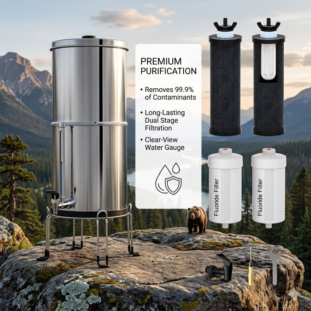 A stainless steel water filter pitcher on a metal stand displayed outdoors on a rocky mountain path, with two black and two white replacement filters shown beside it. A text panel reads 'PREMIUM PURIFICATION' with bullet points about contaminant removal and a clear-view water gauge.