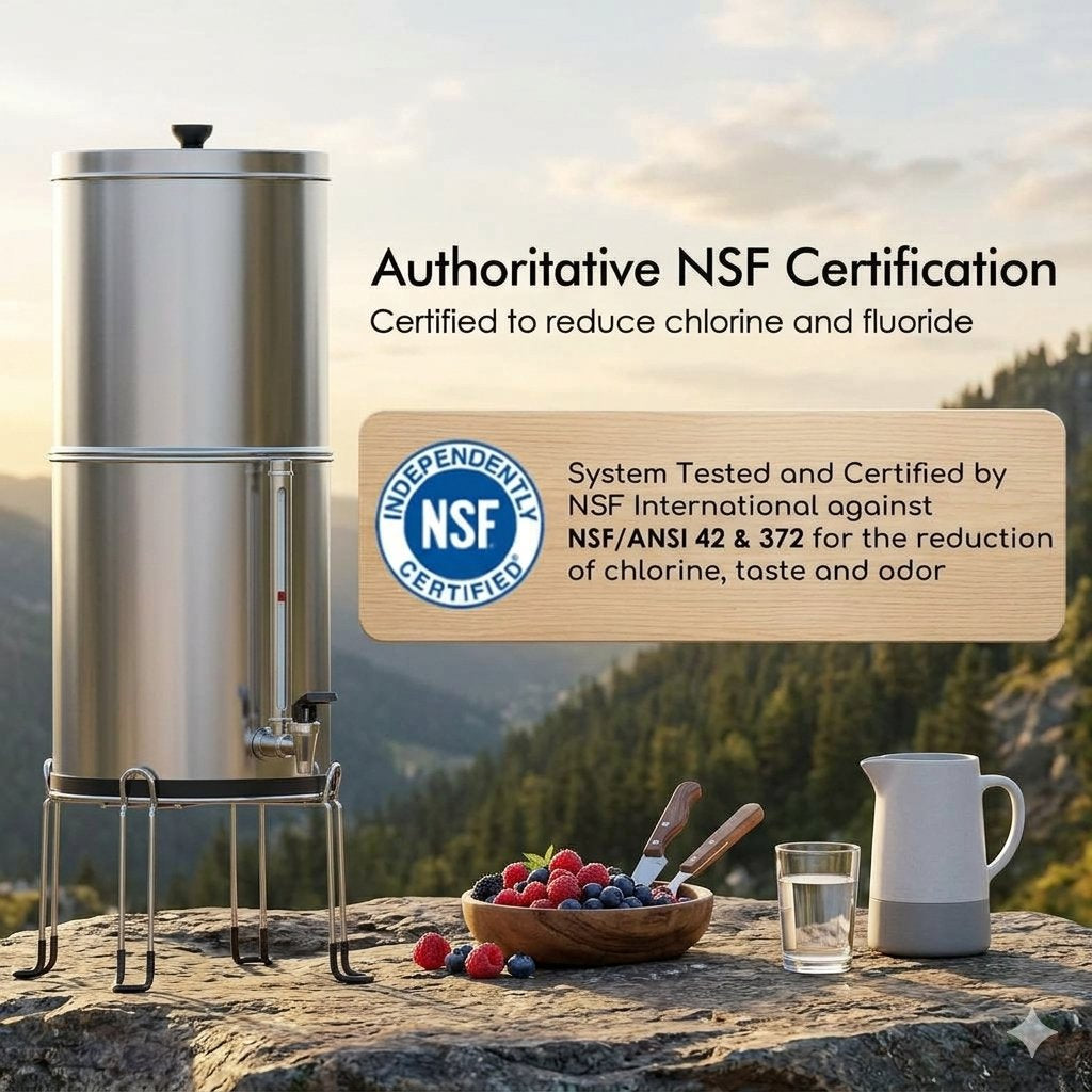 A tall stainless steel water filter pitcher with a metal stand and spout, shown outdoors on a rock with a bowl of berries, a glass, and a small pitcher. Text reads 'Authoritative NSF Certification' and includes an NSF certification badge.
