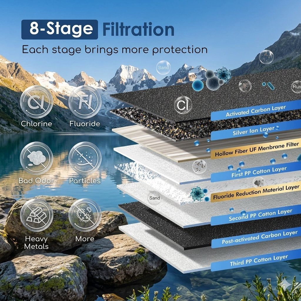 An infographic showing an 8-stage water filtration system layered over a scenic mountain lake background. The diagram includes labeled layers such as activated carbon, silver ion, hollow fiber UF membrane, first PP cotton, fluoride reduction material, sea sand, and third PP cotton, with icons for chlorine, fluoride, bad odor, particles, heavy metals, and more.