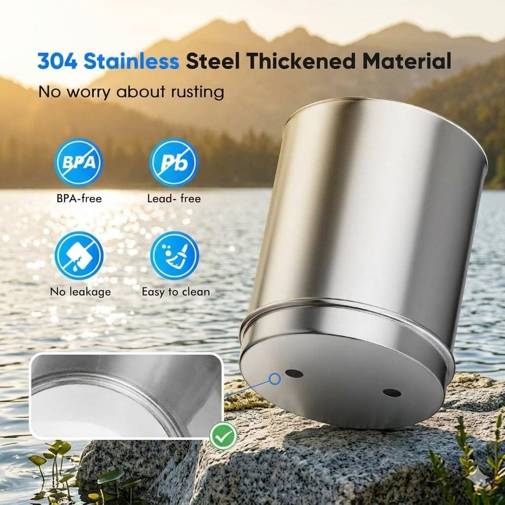 A brushed stainless steel cylindrical container shown on a rock by a lake with promotional text and icons about 304 stainless steel thickness, BPA-free, lead-free, no leakage, and easy to clean.