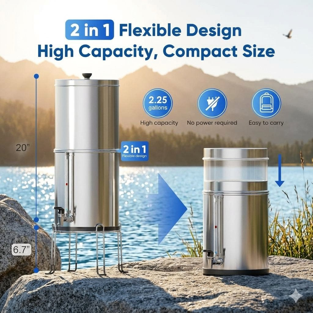 A 2-in-1 stainless steel water filter pitcher shown in two configurations: a tall, multi-part setup on metal legs on the left, and a compact single-cylinder version on the right. The image is set against a scenic background of a lake and mountains, with text overlays detailing its 2.