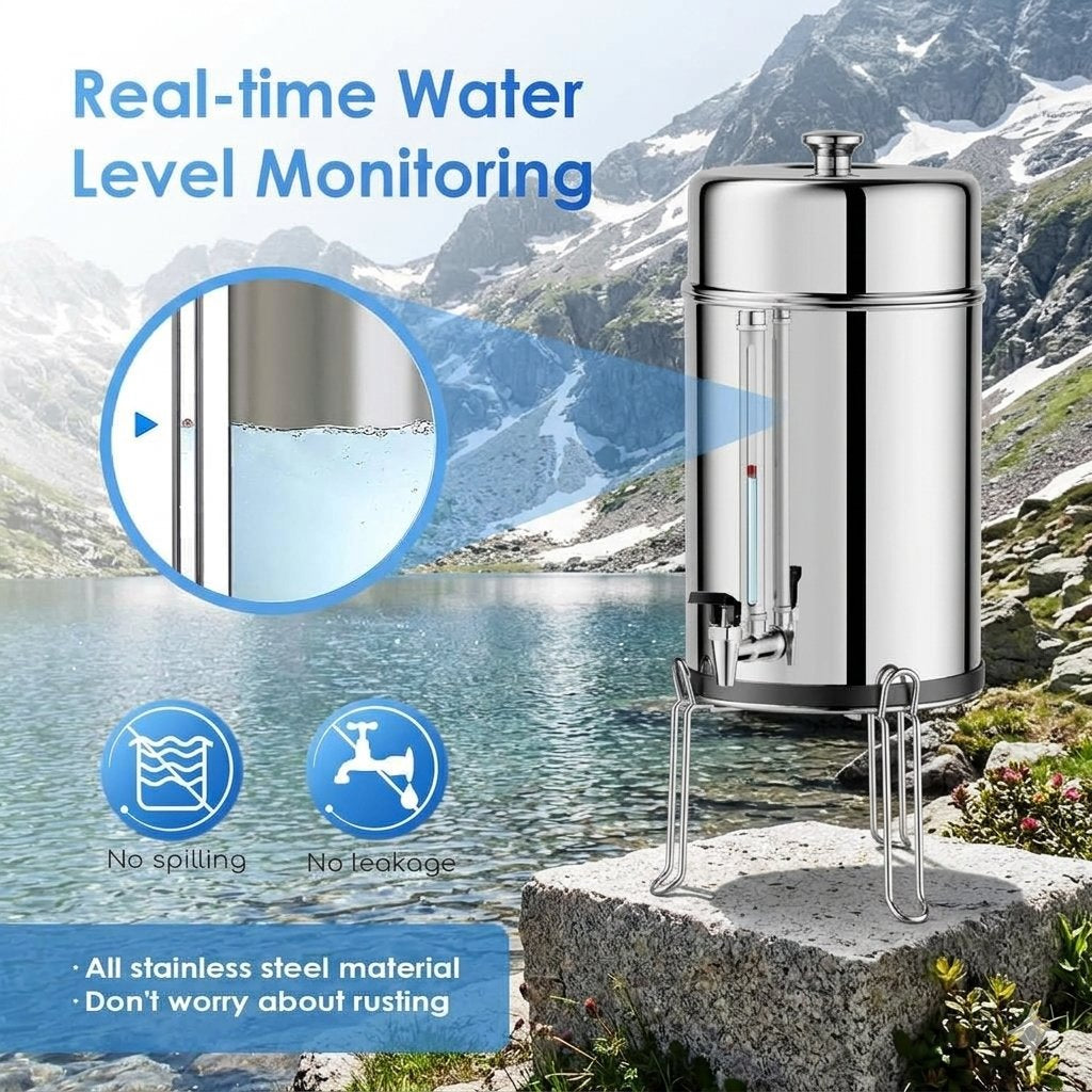 A stainless steel water dispenser with a transparent water level indicator and metal legs, shown outdoors beside a mountain lake. Text overlays highlight real-time water level monitoring, no spilling, and no leakage, with a close-up inset of the water level display.