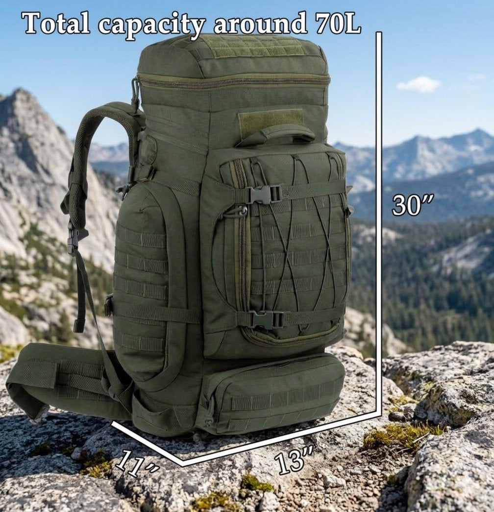An olive green tactical backpack shown outdoors on a rocky mountain surface, with overlaid dimension lines and text reading 30 inches tall, 13 inches wide, and 11 inches deep, plus 'Total capacity around 70L' at the top.