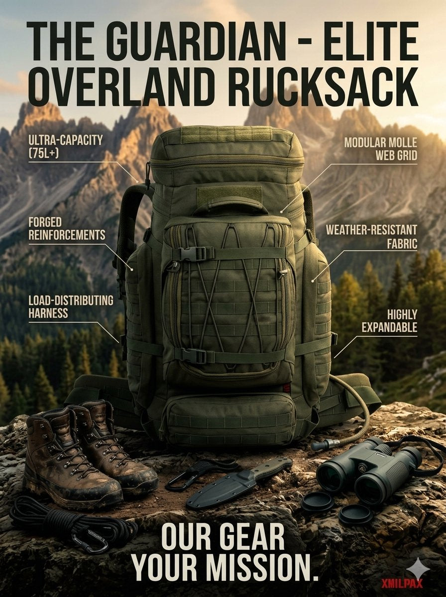 An olive green Xcelp Guardian Elite Overland Rucksack backpack is displayed in a mountain forest setting with hiking boots, binoculars, and a knife on a rock. The image features text callouts detailing the product's features like 'Ultra-Capacity (75L+)', 'Modular Molle Web Grid', and 'Weather-Resistant Fabric'.