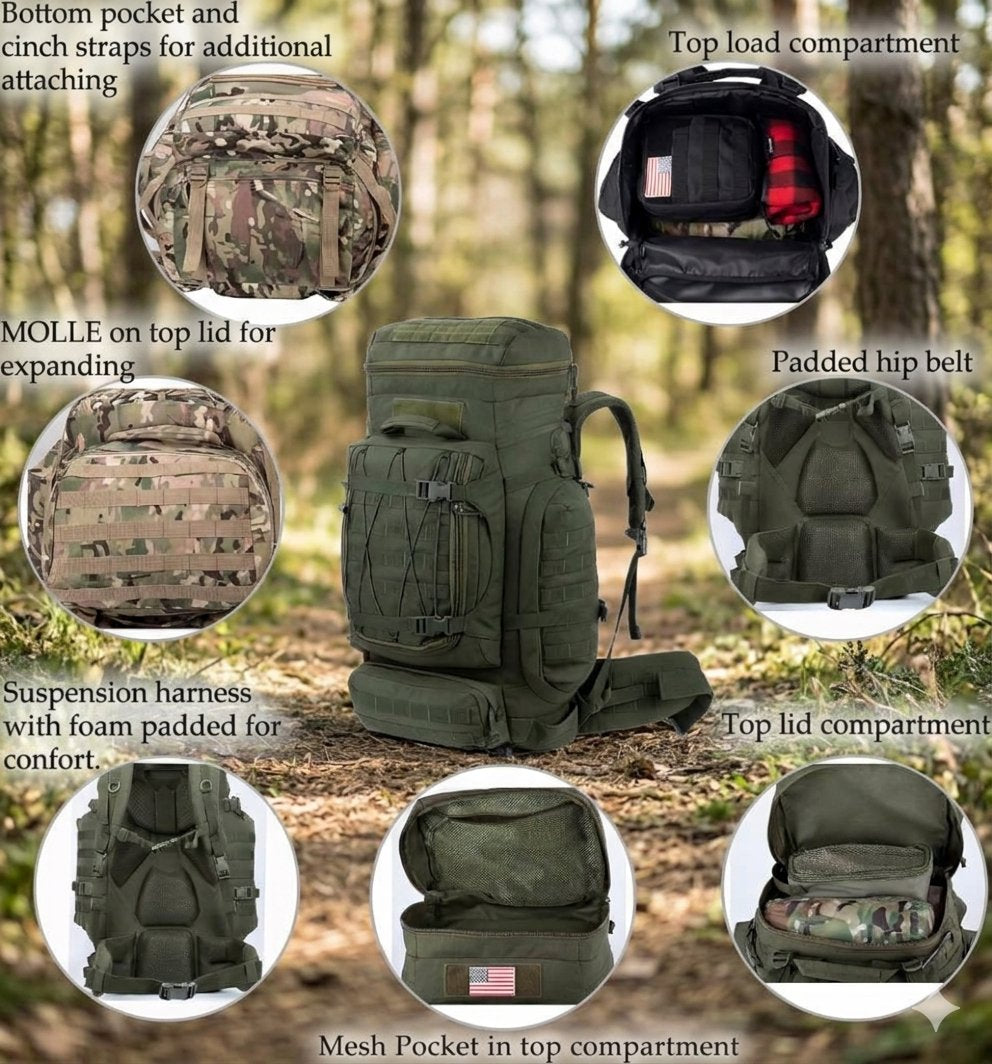 An olive green tactical backpack shown in a forest setting with circular inset feature callouts and text labels explaining compartments, padding, and attachments.