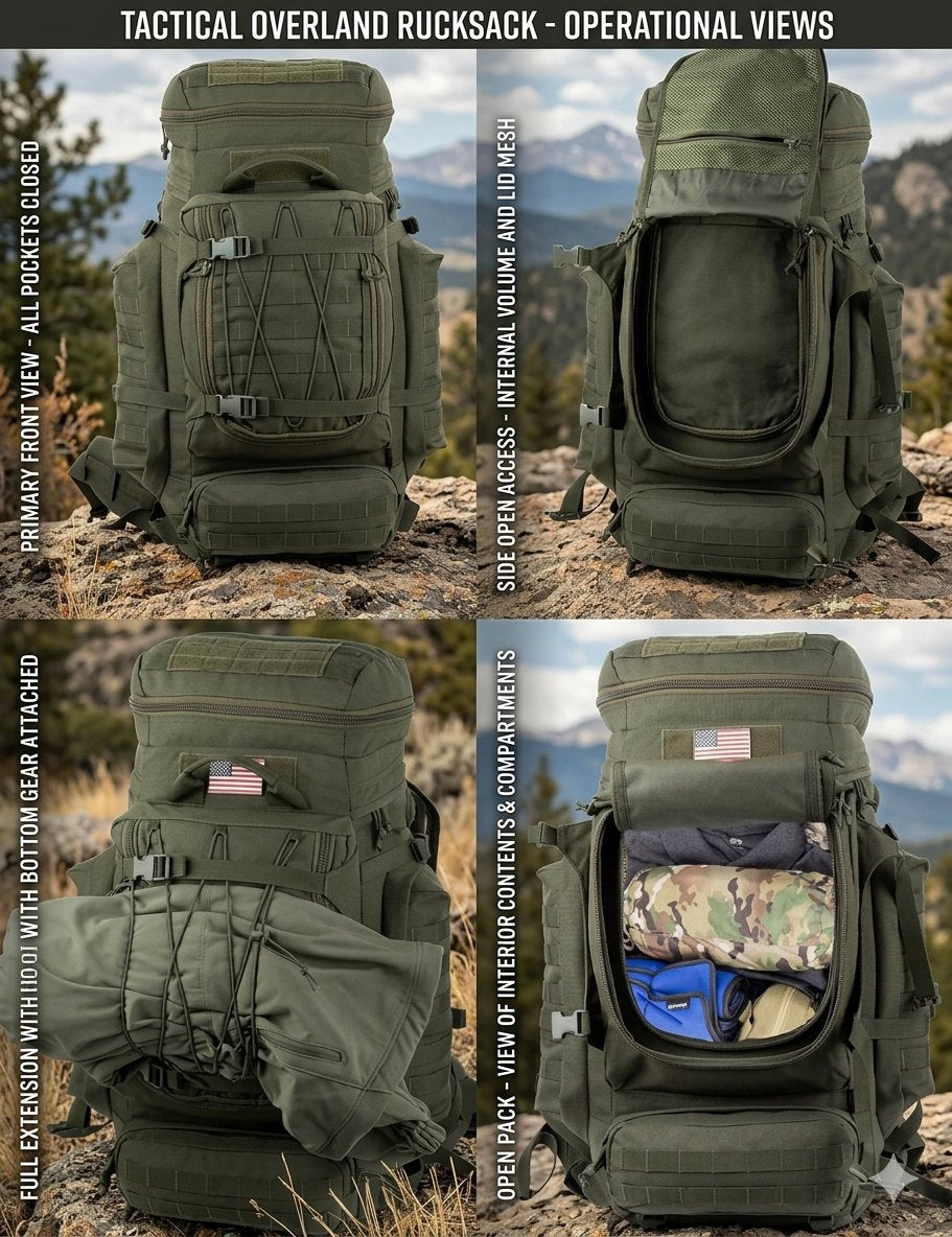 A four-panel product collage showing an olive green tactical overland rucksack from multiple angles, including front, side, front with attached gear, and open interior views, set against a mountainous outdoor background.