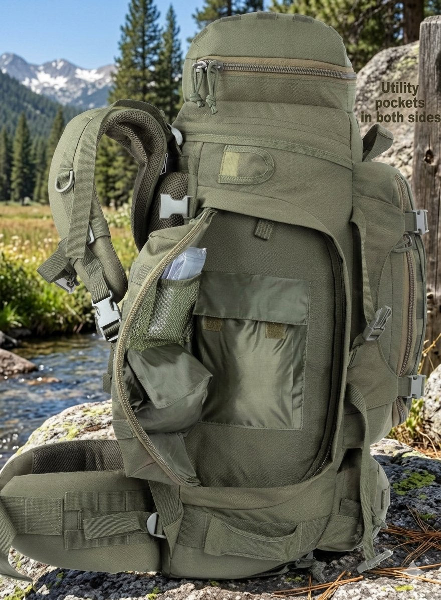 An olive green tactical backpack shown outdoors on a rocky stream with mountains and trees in the background. The backpack has multiple zippered compartments, side pockets, and a visible text overlay that reads 'Utility pockets in both sides'.