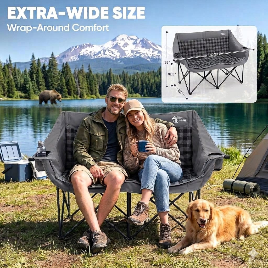 A man and woman sit on a wide, wrap-around camping chair by a lake with mountains and trees in the background. A golden dog lies nearby, and a small inset shows the chair with printed dimensions and a plaid pattern.