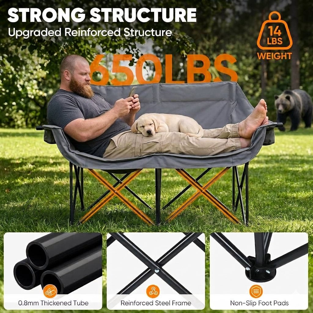 A man reclining in a gray outdoor folding lounge chair with a dog on his lap, with large text reading '650LBS' and 'STRONG STRUCTURE' over the scene. Three small inset panels at the bottom show close-ups of black tubes, a reinforced steel frame, and non-slip foot pads.